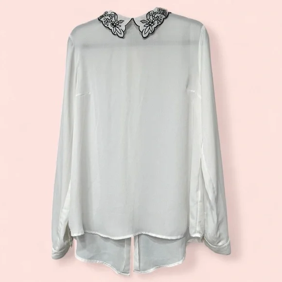 Forever 21 Sheer White Blouse with Black Floral Collar - Picture 2 of 8